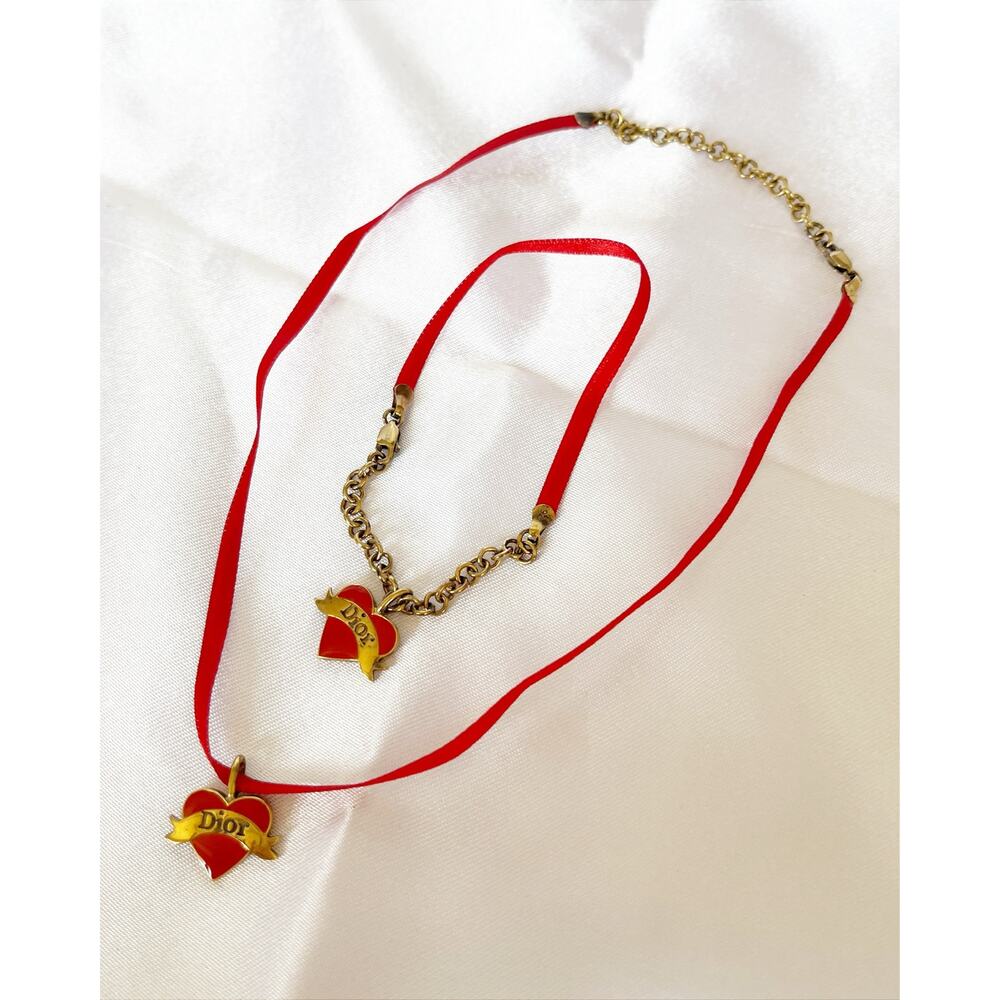 DIOR Vintage Heart Necklace Bracelet Set Red Orange Enamel Choker Ribbon